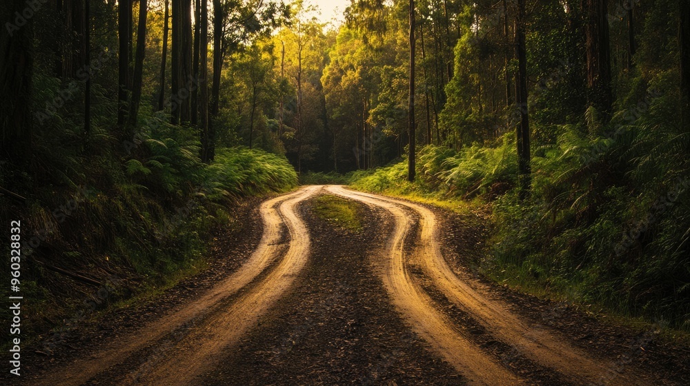 A dirt road winds through a dense forest. Perfect for illustrating themes of nature, adventure, and exploration. A dirt road winds through a dense forest. Perfect for illustrating themes of nature, adventure, and exploration.