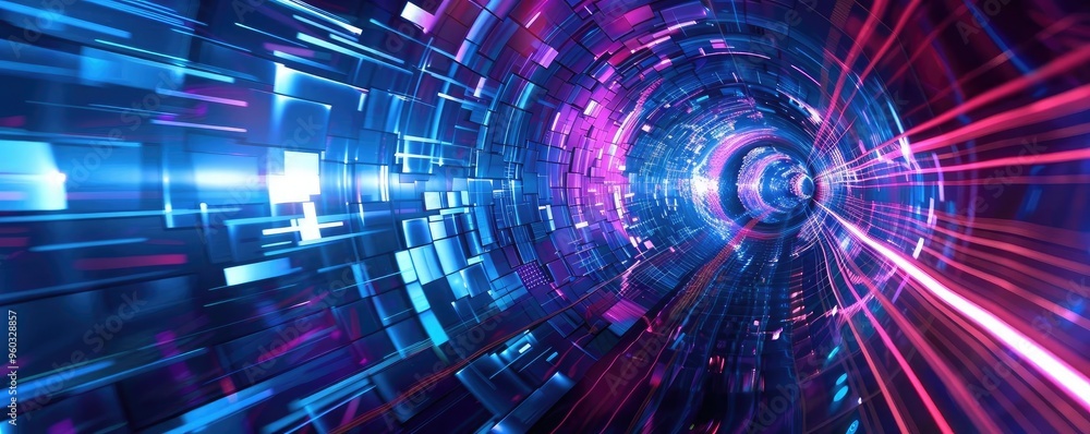 A vibrant tunnel of light showcasing dynamic patterns and colors, embodying energy and motion in a futuristic digital realm. A vibrant tunnel of light showcasing dynamic patterns and colors, embodying energy and motion in a futuristic digital realm.