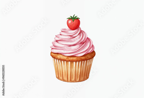 Watercolor illustration of a cupcake on white background