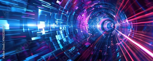 A vibrant tunnel of light showcasing dynamic patterns and colors, embodying energy and motion in a futuristic digital realm.