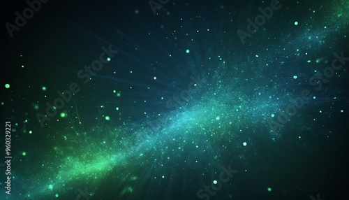 blue and green glowing particles form an abstract background.