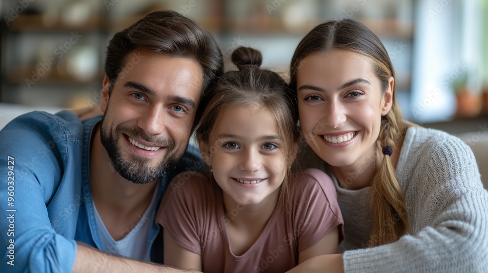 A joyful family of three—parents and daughter—smiling warmly, symbolizing love and togetherness in a cozy home setting. A joyful family of three—parents and daughter—smiling warmly, symbolizing love and togetherness in a cozy home setting.