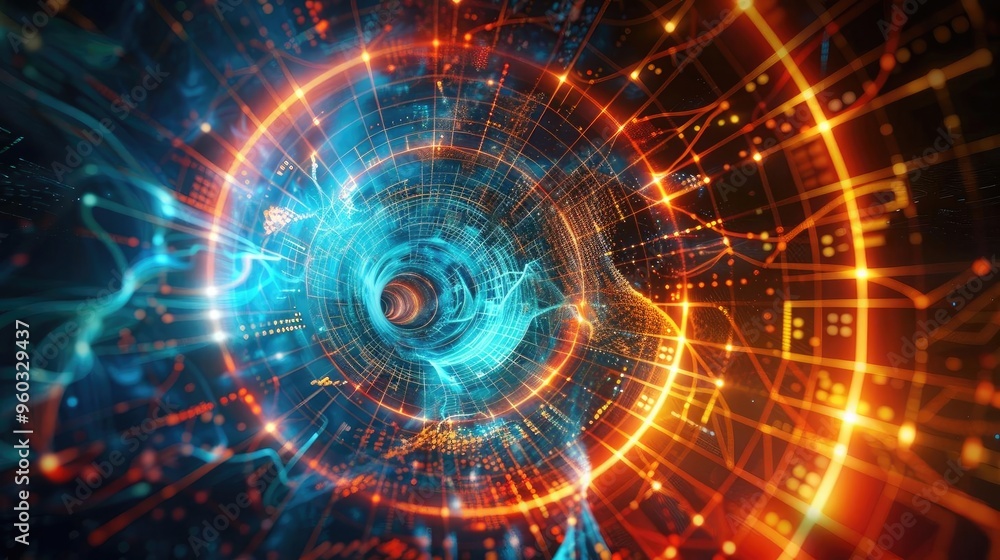 Obraz premium An abstract vortex design featuring vibrant orange and blue colors, representing digital energy and technological advancement.