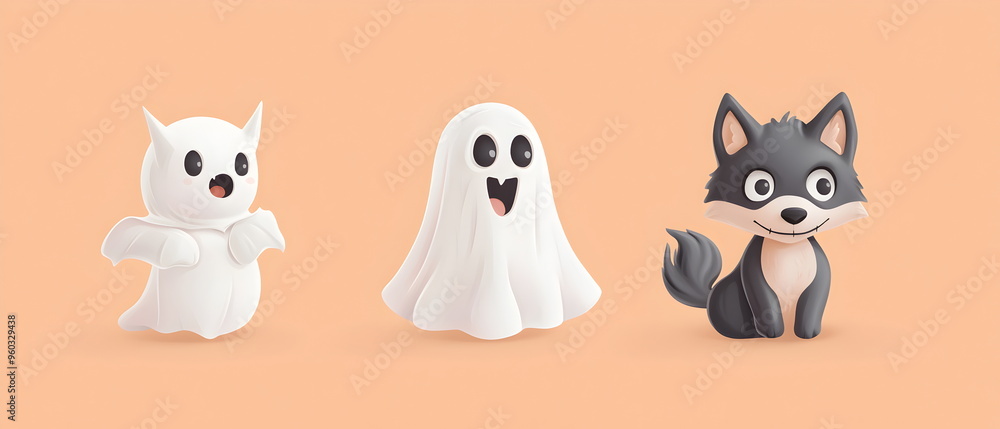 Obraz premium set of 3 Halloween characters in 3d clay design,a Ghost (The floating ghost in white cloth), a cute Vampire, and a wolf with the silly face, adorable and festive, isolated on a clean backgrond