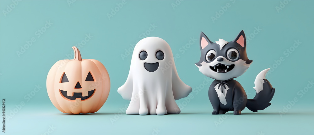 set of 3 Halloween characters in 3d clay design,a Ghost (The floating ghost in white cloth), a cute Vampire, and a wolf with the silly face, adorable and festive, isolated on a clean backgrond set of 3 Halloween characters in 3d clay design,a Ghost (The floating ghost in white cloth), a cute Vampire, and a wolf with the silly face, adorable and festive, isolated on a clean backgrond