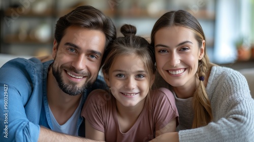 A joyful family of three—parents and daughter—smiling warmly, symbolizing love and togetherness in a cozy home setting.