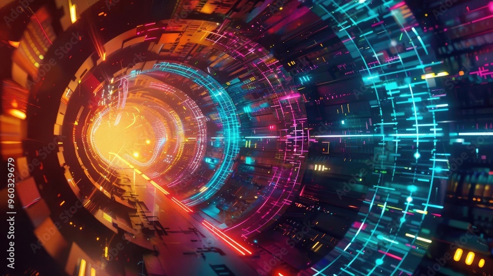 Obraz premium A vibrant tunnel of light and color, reflecting the fusion of technology and creativity in a futuristic digital landscape.