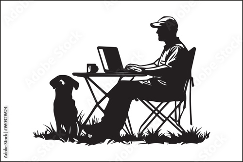 camping Silhouette of a Man Working on Laptop in Nature photo