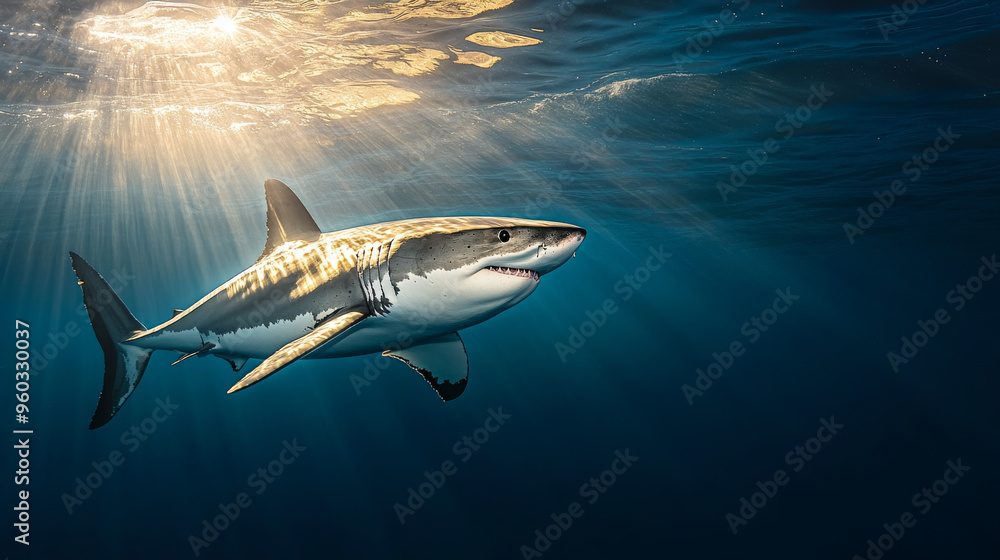 Fototapeta premium Great White Shark Swimming in Sunlight Underwater