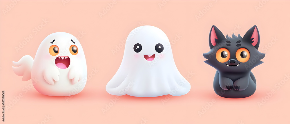 set of 3 Halloween characters in 3d clay design,a Ghost (The floating ghost in white cloth), a cute Vampire, and a wolf with the silly face, adorable and festive, isolated on a clean backgrond set of 3 Halloween characters in 3d clay design,a Ghost (The floating ghost in white cloth), a cute Vampire, and a wolf with the silly face, adorable and festive, isolated on a clean backgrond