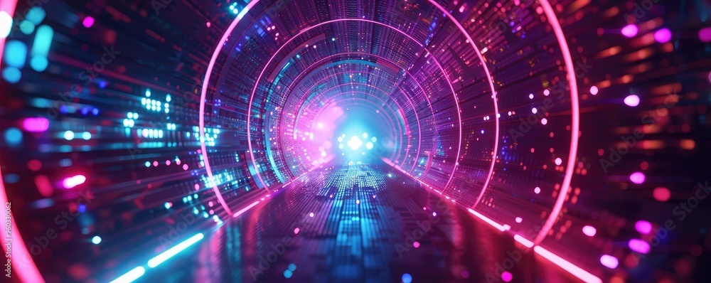 Fototapeta premium A vibrant, futuristic tunnel illuminated with colorful lights, creating an immersive digital atmosphere. Perfect for sci-fi themes.