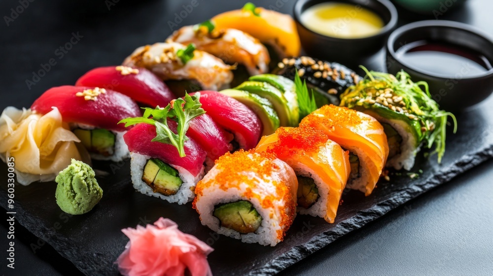 A vibrant sushi set including colorful maki rolls, spicy tuna, and avocado slices, neatly arranged on a black slate plate with dipping sauces and garnishes A vibrant sushi set including colorful maki rolls, spicy tuna, and avocado slices, neatly arranged on a black slate plate with dipping sauces and garnishes