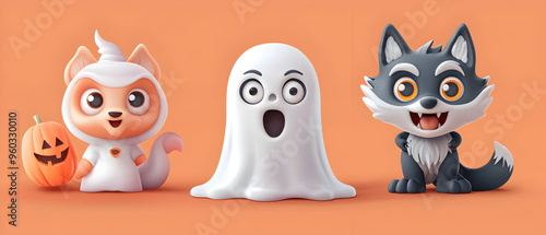 set of 3 Halloween characters in 3d clay design,a Ghost (The floating ghost in white cloth), a cute Vampire, and a wolf with the silly face, adorable and festive, isolated on a clean backgrond