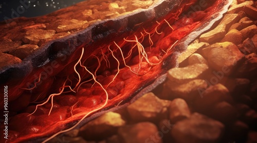 A cross-sectional view of a blood vessel under high pressure, showing the strain on the arterial walls and potential damage caused by hypertension, with a focus on the internal effects. photo