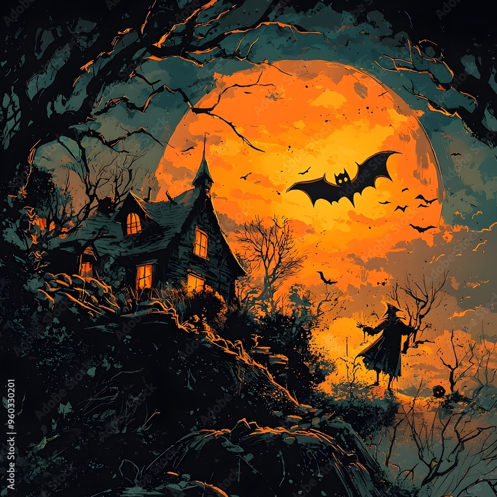 Spooky Halloween haunted house scene with full moon bats and a dark ominous forest landscape Mystical and supernatural elements create an eerie Spooky Halloween haunted house scene with full moon bats and a dark ominous forest landscape Mystical and supernatural elements create an eerie