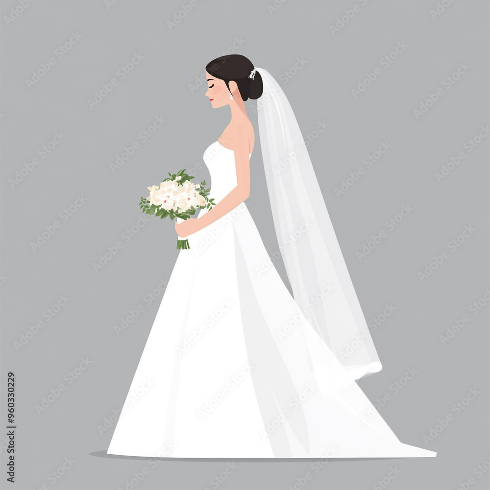 Flat illustration of a white bride silhouette, holding a bouquet and veil, simple and minimal on a grey background.
Flat illustration of a white bride silhouette, holding a bouquet and veil, simple and minimal on a grey background.