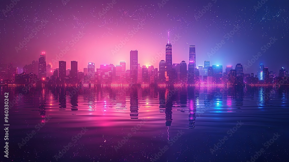 Cityscape on a dark background with bright and glowing neon purple and blue lights. Night city with futuristic urban architecture. Growing metropolis, city development neon colors. 3d rendering Cityscape on a dark background with bright and glowing neon purple and blue lights. Night city with futuristic urban architecture. Growing metropolis, city development neon colors. 3d rendering