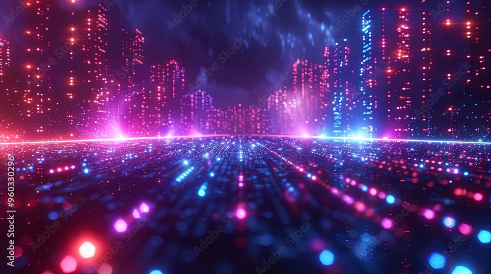 Cityscape on a dark background with bright and glowing neon purple and blue lights. Night city with futuristic urban architecture. Growing metropolis, city development neon colors. 3d rendering Cityscape on a dark background with bright and glowing neon purple and blue lights. Night city with futuristic urban architecture. Growing metropolis, city development neon colors. 3d rendering