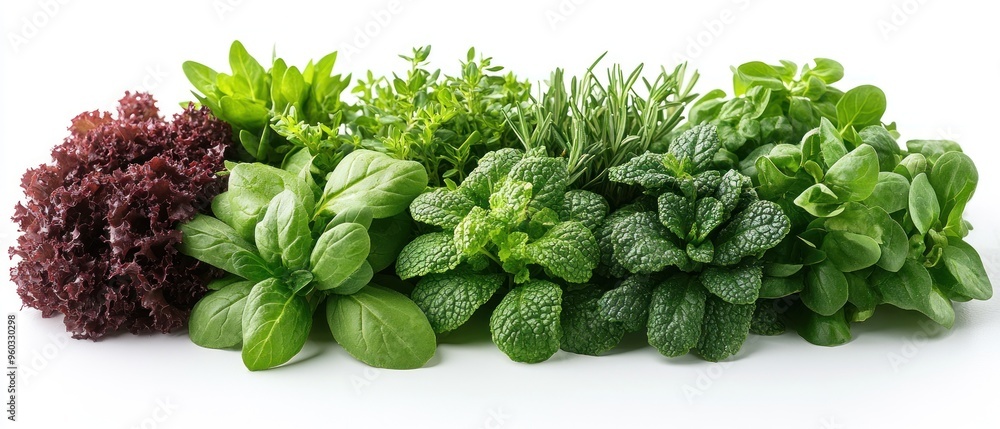 Obraz premium Assortment of Fresh Green Herbs and Red Lettuce
