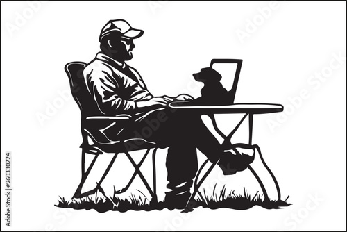 camping Silhouette of a Man Working on Laptop in Nature photo