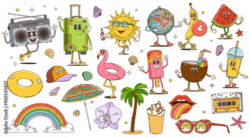 Retro cartoon groovy travel and leisure characters, vector summer vacation and beach holidays. Psychedelic hippy sun, palm, travel suitcase and sunglasses, groovy ice cream, cocktails and umbrella