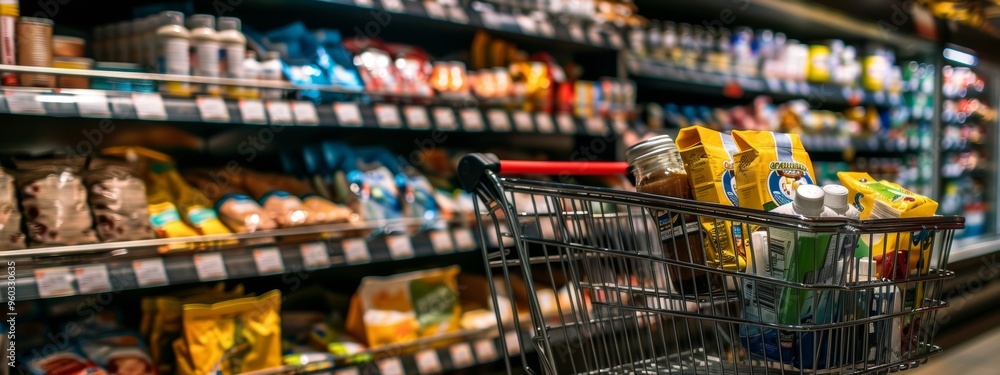 Fototapeta premium Shopping cart full of groceries in supermarket aisle
