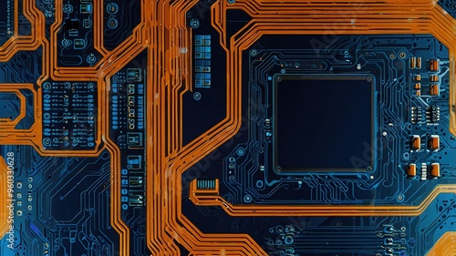 Orange, blue technology background/Orange and blue technology background circuit board and code