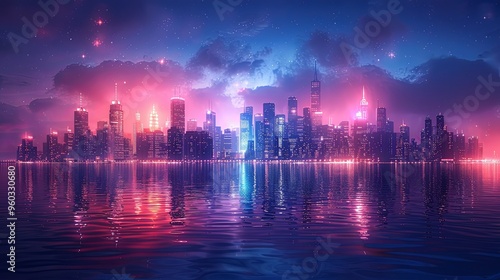 Cityscape on a dark background with bright and glowing neon purple and blue lights. Night city with futuristic urban architecture. Growing metropolis, city development neon colors. 3d rendering