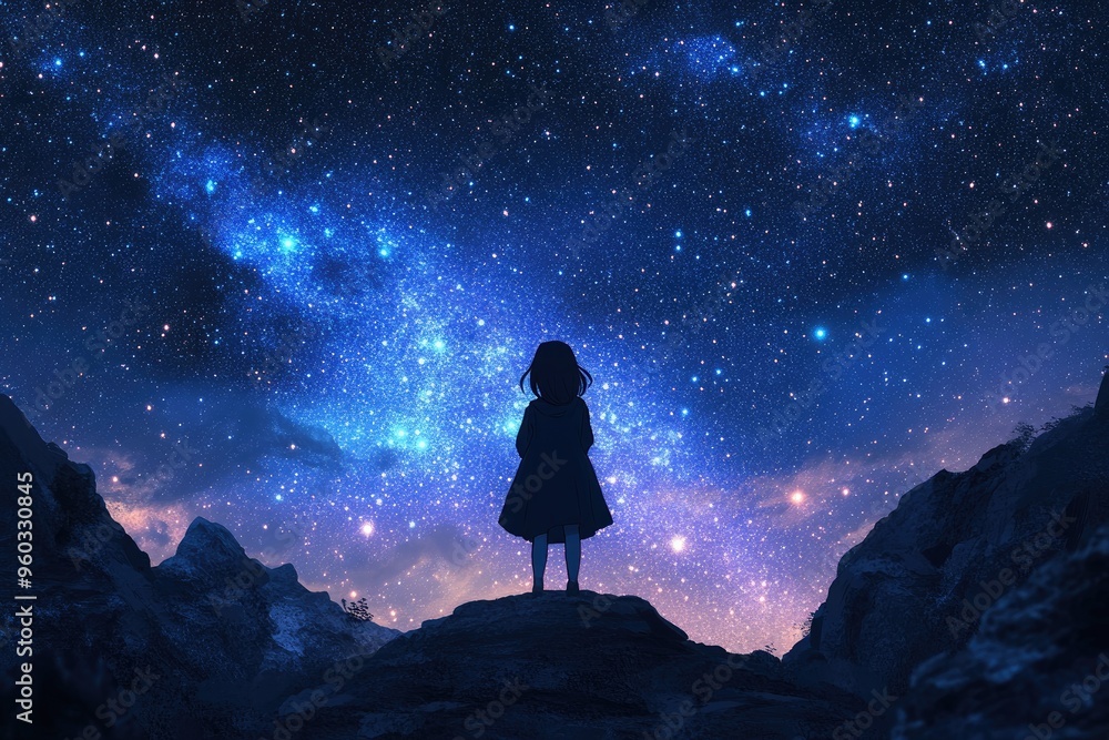 A silhouette of a girl gazing at a starry sky. This image is perfect for projects about dreams, hope, or the beauty of the night sky. A silhouette of a girl gazing at a starry sky. This image is perfect for projects about dreams, hope, or the beauty of the night sky.
