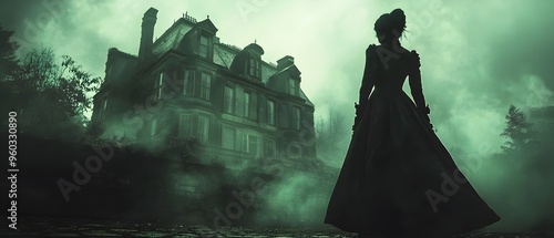 Ghostly Victorian Governess Haunts Old Haunted Mansion on Halloween Spooky Supernatural Atmospheric Cinematic Scene with Moody Dramatic Lighting and Fog