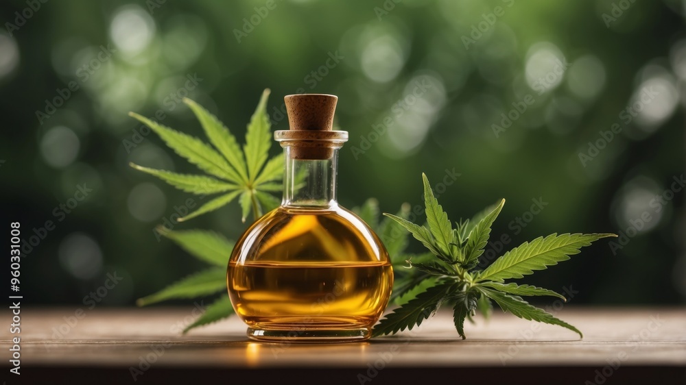A small glass bottle filled with golden oil with fresh green cannabis leaves beside it. A small glass bottle filled with golden oil with fresh green cannabis leaves beside it.