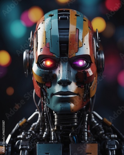 Colorful graphic poster of a robot and artificial intelligence on a black background. photo