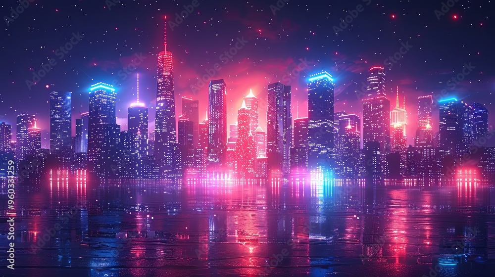 Cityscape on a dark background with bright and glowing neon purple and blue lights. Night city with futuristic urban architecture. Growing metropolis, city development neon colors. 3d rendering Cityscape on a dark background with bright and glowing neon purple and blue lights. Night city with futuristic urban architecture. Growing metropolis, city development neon colors. 3d rendering