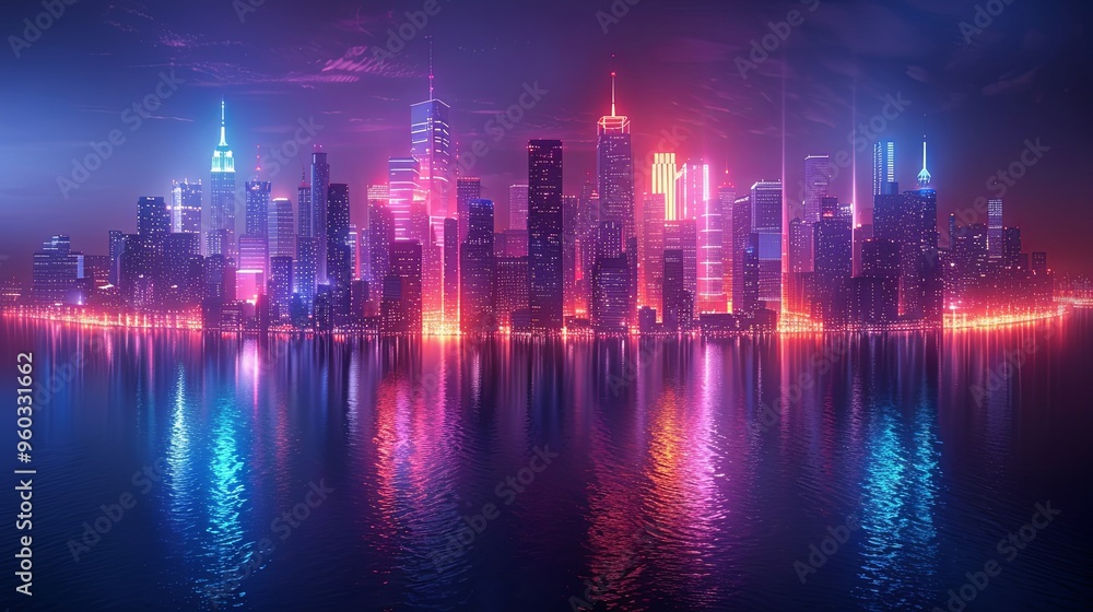 Cityscape on a dark background with bright and glowing neon purple and blue lights. Night city with futuristic urban architecture. Growing metropolis, city development neon colors. 3d rendering Cityscape on a dark background with bright and glowing neon purple and blue lights. Night city with futuristic urban architecture. Growing metropolis, city development neon colors. 3d rendering