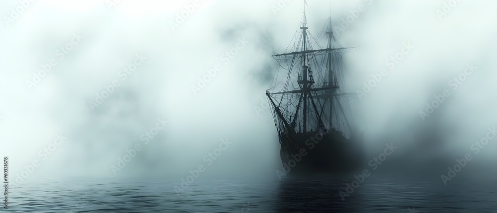 Ghostly Victorian era sailing ship appearing through the thick swirling fog on a haunting Halloween night The eerie mysterious vessel creates an ominous supernatural atmosphere Ghostly Victorian era sailing ship appearing through the thick swirling fog on a haunting Halloween night The eerie mysterious vessel creates an ominous supernatural atmosphere