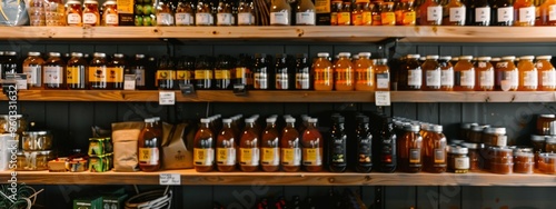 Variety of honey jars and natural products on wooden shelves in a store