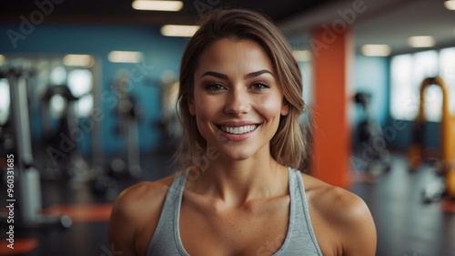 Fitness girl with a beautiful smile posing in the gym. Free Download Fitness girl with a beautiful smile posing in the gym. - GFXLoad