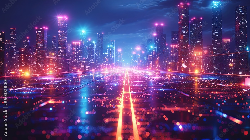 Cityscape on a dark background with bright and glowing neon purple and blue lights. Night city with futuristic urban architecture. Growing metropolis, city development neon colors. 3d rendering Cityscape on a dark background with bright and glowing neon purple and blue lights. Night city with futuristic urban architecture. Growing metropolis, city development neon colors. 3d rendering