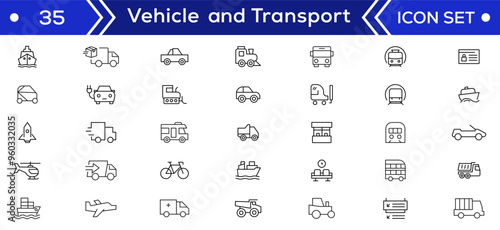 Vehicle and Transport line icon set. Containing car, bike, plane, train, bicycle, motorbike, bus and scooter icons. Transportation Simple line icon collections