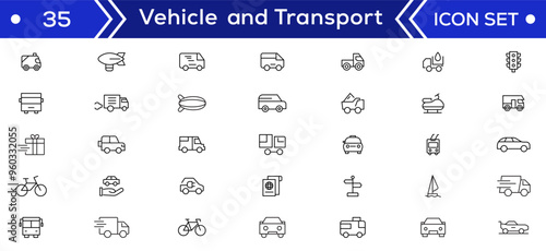Vehicle and Transport line icon set. Containing car, bike, plane, train, bicycle, motorbike, bus and scooter icons. Transportation Simple line icon collections