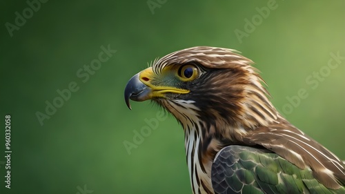 Black and White Hawk in Flight with Green Background