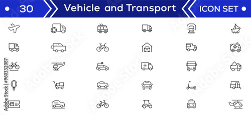 Vehicle and Transport line icon set. Containing car, bike, plane, train, bicycle, motorbike, bus and scooter icons. Transportation Simple line icon collections