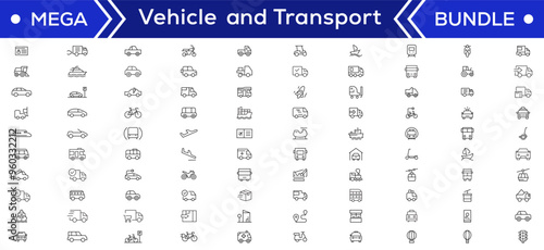 Vehicle and Transport line icon set. Containing car, bike, plane, train, bicycle, motorbike, bus and scooter icons. Transportation Simple line icon collections