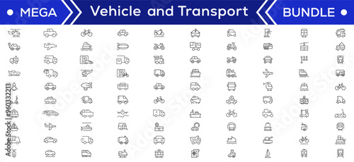 Vehicle and Transport line icon set. Containing car, bike, plane, train, bicycle, motorbike, bus and scooter icons. Transportation Simple line icon collections