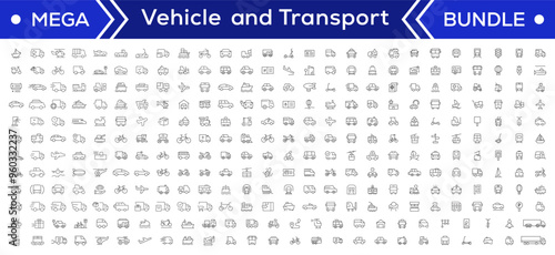 Vehicle and Transport line icon set. Containing car, bike, plane, train, bicycle, motorbike, bus and scooter icons. Transportation Simple line icon collections