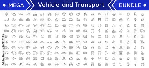 Vehicle and Transport line icon set. Containing car, bike, plane, train, bicycle, motorbike, bus and scooter icons. Transportation Simple line icon collections
