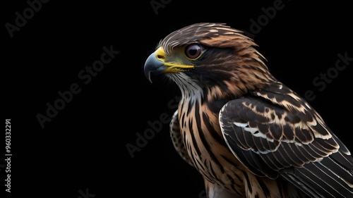 A beautiful Fly hawk Golden Eagle in Epic Fantasy Scene with Sparkling Effects and Glowing Gold Powder with black background