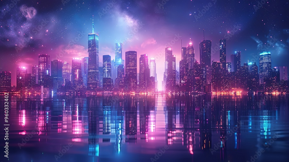 Cityscape on a dark background with bright and glowing neon purple and blue lights. Night city with futuristic urban architecture. Growing metropolis, city development neon colors. 3d rendering Cityscape on a dark background with bright and glowing neon purple and blue lights. Night city with futuristic urban architecture. Growing metropolis, city development neon colors. 3d rendering