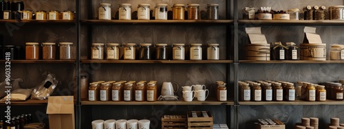 Wallpaper Mural Organic food and pantry items in glass jars on minimalist wooden shelves Torontodigital.ca