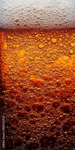 Close-up of refreshing beer foam with bubbles, showcasing an inviting golden color and textural detail, ideal for beverage themes.